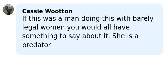 Comment by Cassie Wootton criticizing Bonnie Blue, describing her as a predator involving barely legal women.