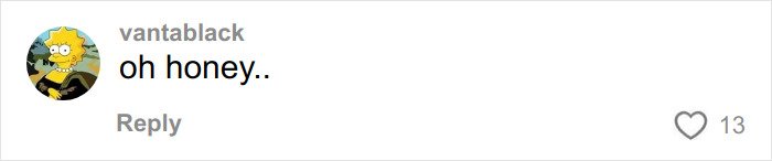 Comment on social media by user vantablack saying oh honey with 13 likes responding to Air Canada passenger meal complaint.