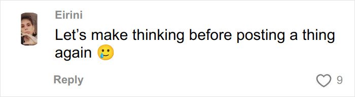 Commenter Eirini with short dark hair and light skin, suggesting to think before posting, related to Air Canada passenger meal review.
