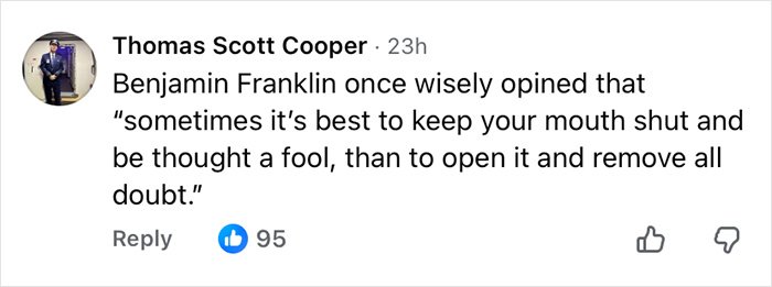 Comment by Thomas Scott Cooper referencing Benjamin Franklin's quote about knowing when to stay silent, related to Air Canada passenger meal complaint.