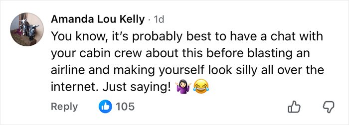 Comment from Air Canada passenger advising to talk to cabin crew before criticizing the airline over an expired meal issue.