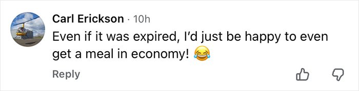 Comment from Carl Erickson reacting to an Air Canada passenger complaint about an expired meal on a flight.