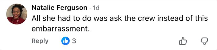 Comment from Natalie Ferguson on Air Canada passenger dispute over expired meal, suggesting asking crew to avoid embarrassment.