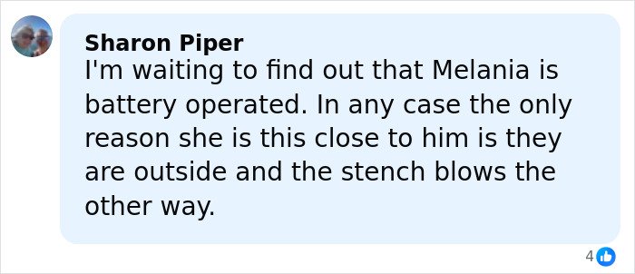 Comment box from Sharon Piper sharing a conspiracy theory about Melania's behavior sparking speculation at tree lighting event.