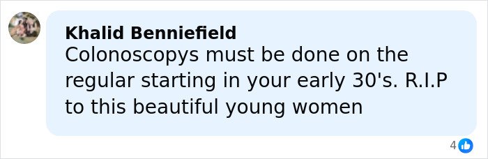 Comment mentioning the importance of colonoscopies and paying tribute to a Netflix star and mom of three announcing her passing.