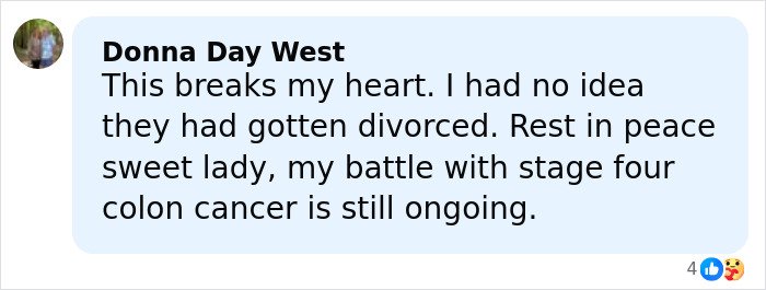Comment expressing heartbreak over Netflix star and mom of three announcing her passing due to stage four colon cancer.