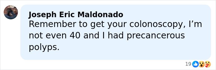 Comment by Joseph Eric Maldonado urging colonoscopy awareness after finding precancerous polyps before age 40.