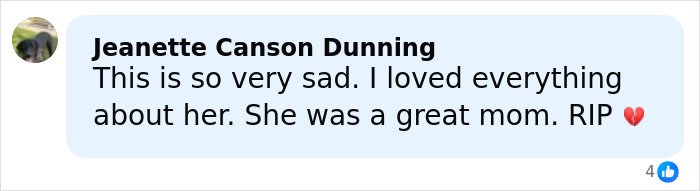 Social media comment expressing sadness and tribute to Netflix star and mom of three announcing her passing.