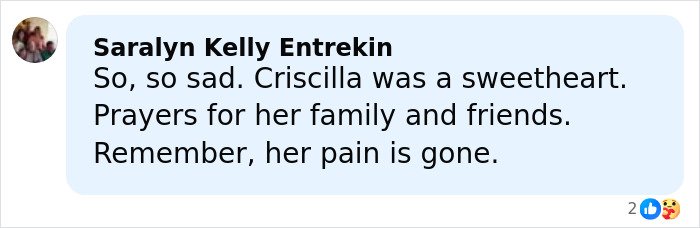 Comment expressing sympathy for Netflix star and mom of three, mentioning prayers and remembering her pain is gone.
