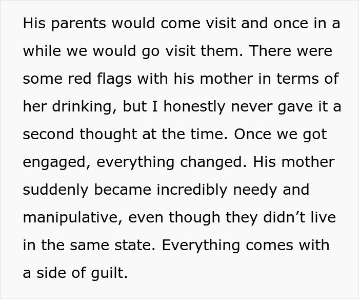 Text excerpt discussing a son's appalled reaction to his mom’s behavior and red flags before their wedding day.