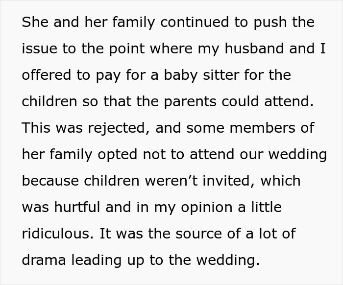 Text excerpt discussing family drama and issues with children not being invited, causing tension on the wedding day.