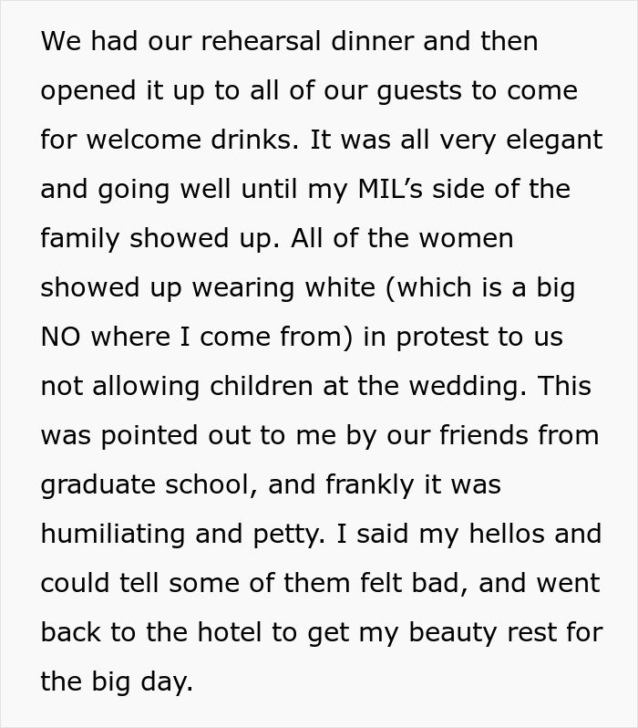 Text describing a wedding rehearsal dinner disrupted by mother-in-law's guests wearing white in protest of no children allowed.