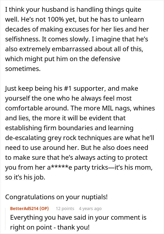 Text from a user discussing challenges with mother-in-law behavior and setting boundaries on a wedding day.