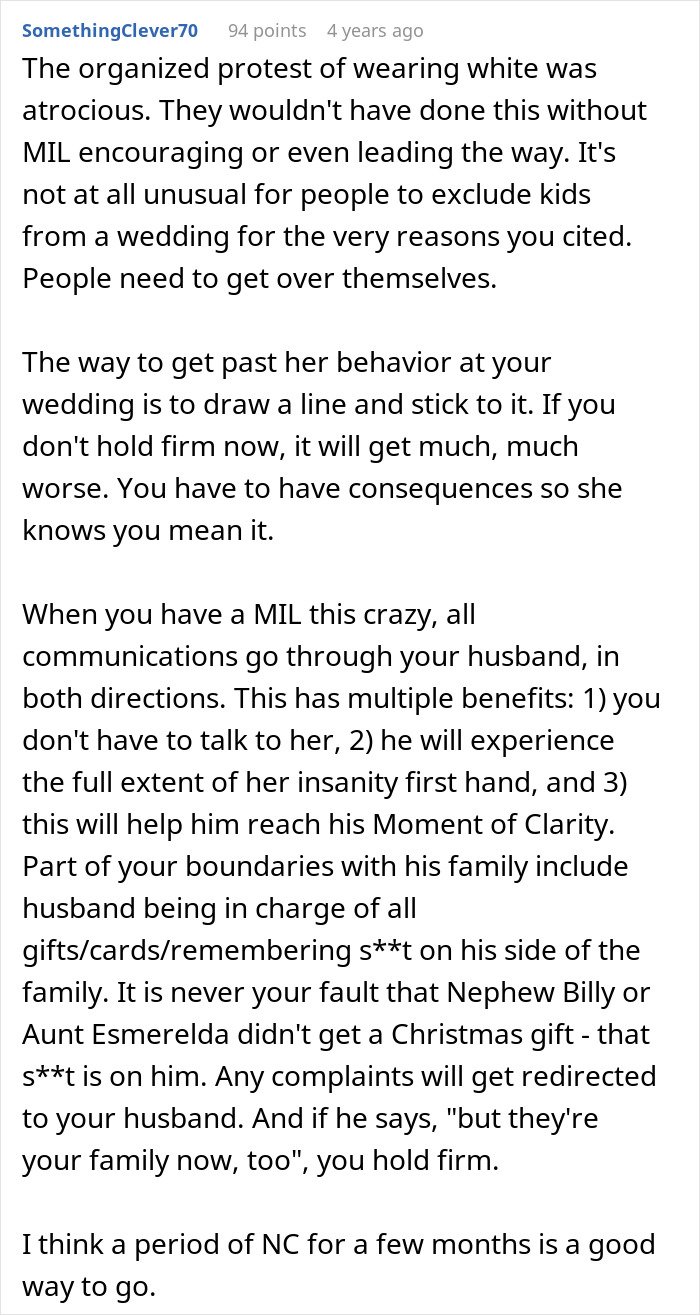 Screenshot of a Reddit comment discussing mother-in-law behavior ruining a wedding and ways to set boundaries.