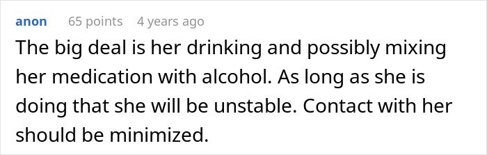 Comment about unstable behavior due to drinking and mixing medication, related to ruining wedding concerns.