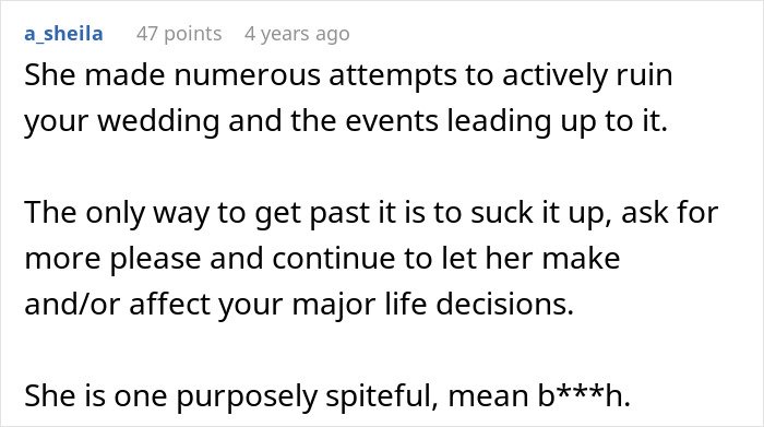 Comment highlighting a son’s frustration with his mom’s behavior ruining his wedding day and major life decisions.