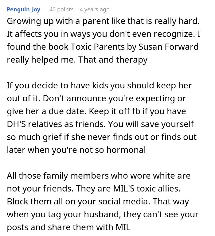 Comment discussing the emotional impact of toxic parents and advice on handling a difficult mother-in-law at weddings and family events.