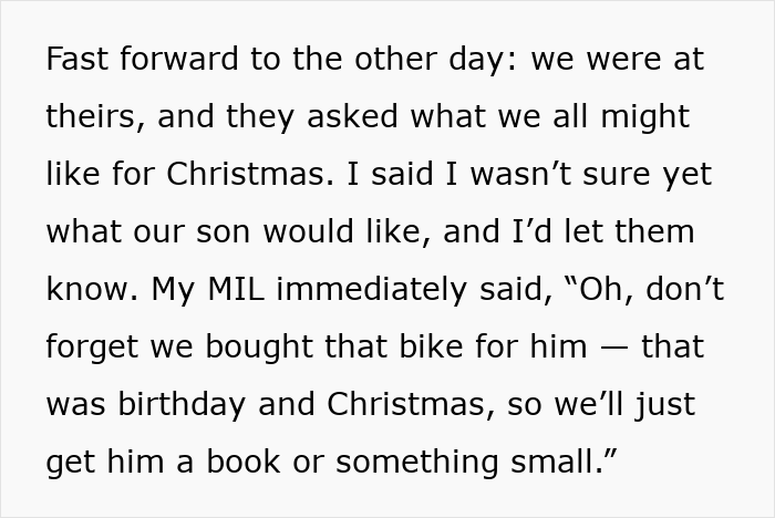 Text excerpt about grandparents combining birthday and Christmas gifts, causing the mom to feel scammed and frustrated.