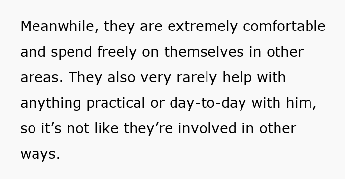 Text excerpt discussing grandparents combining birthday and Christmas gifts, leaving the mom feeling scammed and frustrated.