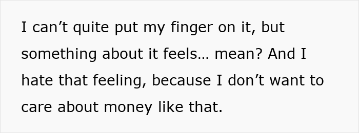 Text expressing discomfort about feeling scammed and not wanting to care about money in combined birthday and Christmas gift situation.