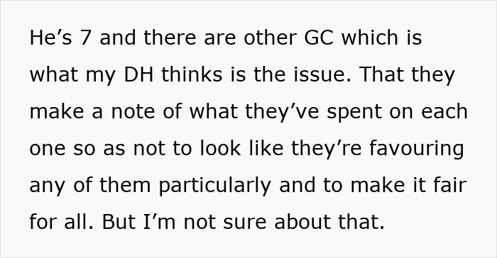 Text discussing grandparents combining birthday and Christmas gifts, raising concerns about fairness and feeling scammed.