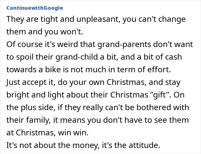 Text discussing grandparents combining birthday and Christmas gifts, with a mom feeling scammed about the gift approach.