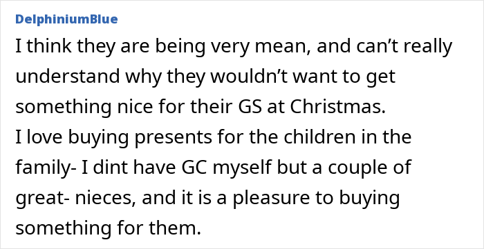 Online forum post discussing grandparents combining birthday and Christmas gifts, with a mom feeling scammed and upset.