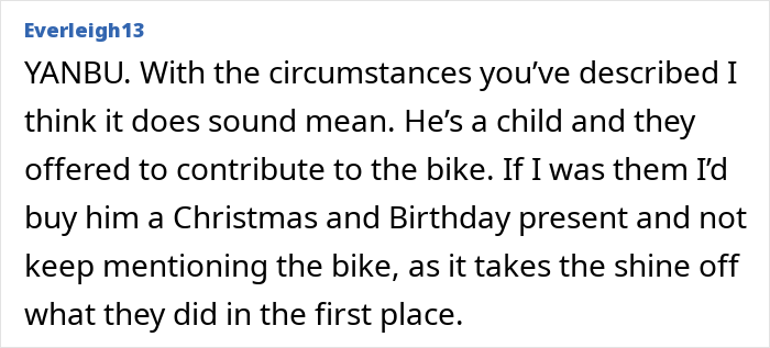 Comment discussing grandparents combining birthday and Christmas gift and concerns about the mom feeling scammed.