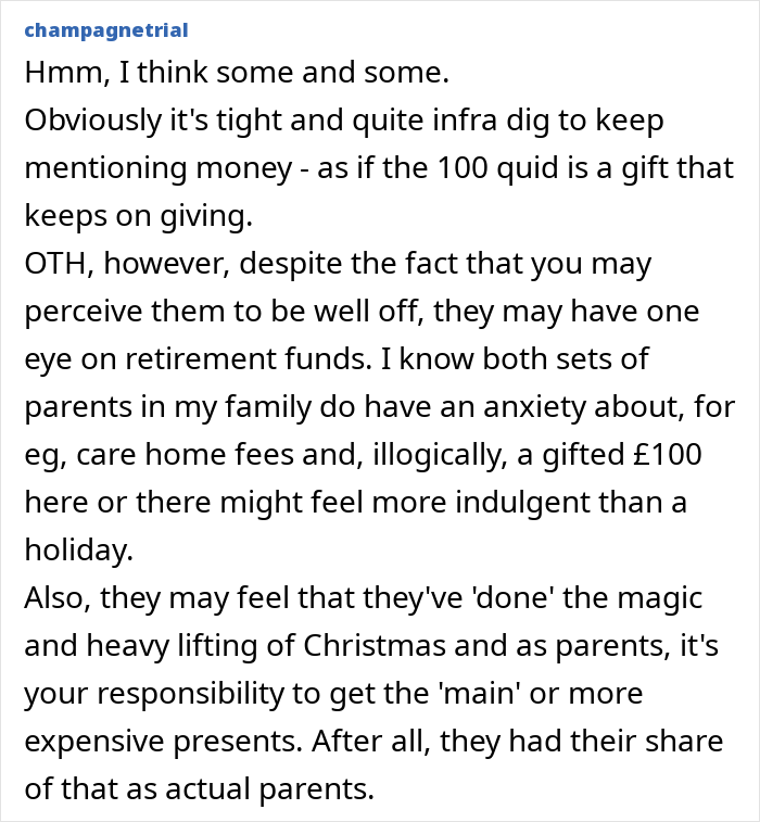 Text post discussing grandparents combining birthday and Christmas gift money, causing the mom to feel scammed.