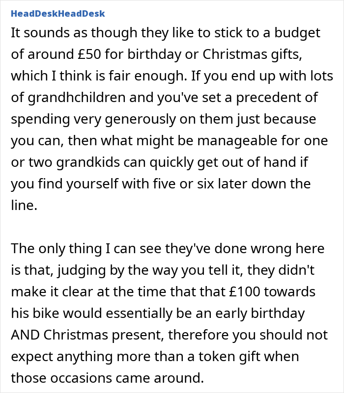 Text excerpt discussing grandparents combining birthday and Christmas gifts, leading to the mom feeling scammed.