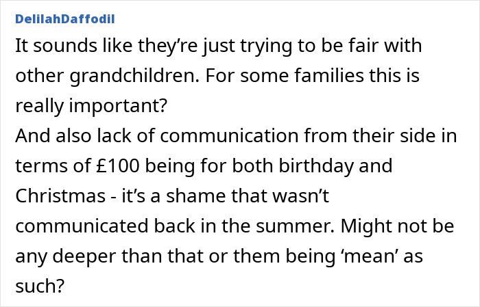 Comment discussing grandparents combining birthday and Christmas gift, and the mom feeling scammed by poor communication.