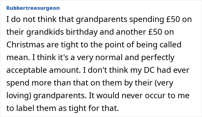 Screenshot of an online discussion about grandparents combining birthday and Christmas gifts, with a mom feeling scammed.
