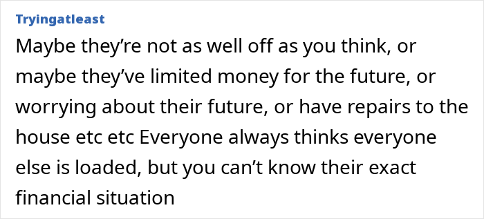 Comment discussing grandparents combining birthday and Christmas gifts due to financial concerns and uncertainty about their situation.