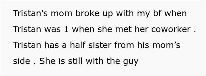 Text on white background about Tristan's mom breaking up with boyfriend and mentioning a half sister from her side.