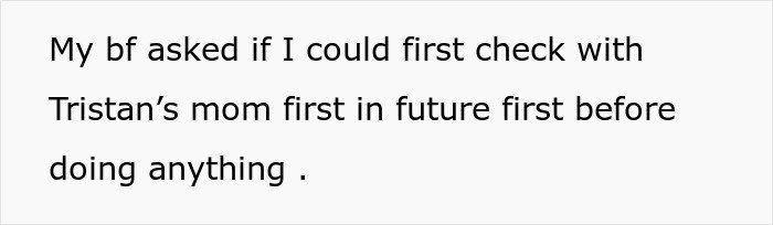 Text message saying a boyfriend asked to check with Tristan’s mom first before doing anything, showing relationship tension.