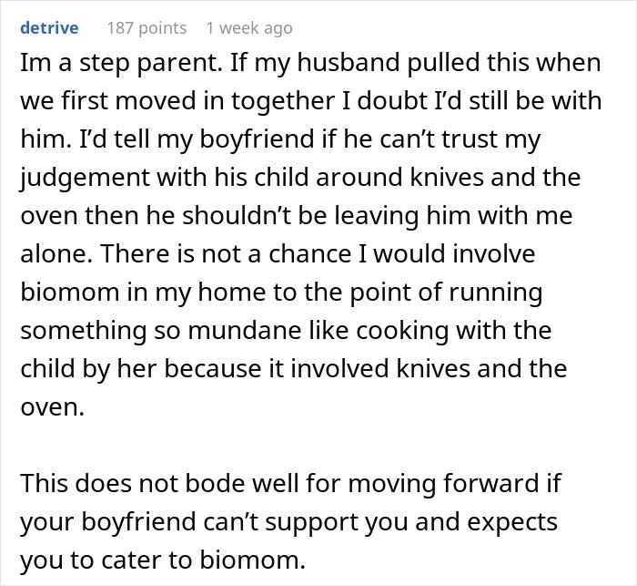 Comment from a step parent on trust issues causing man upset GF to dump him after ex blew up for bonding with their son.