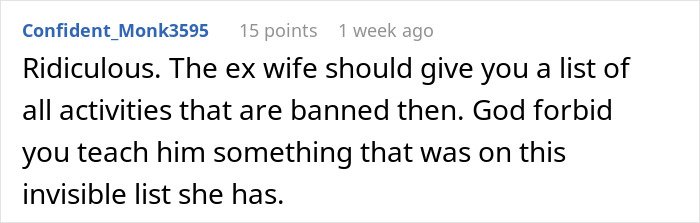 Screenshot of an online comment discussing a man upset after his ex-partner confronted his girlfriend over bonding with their son.