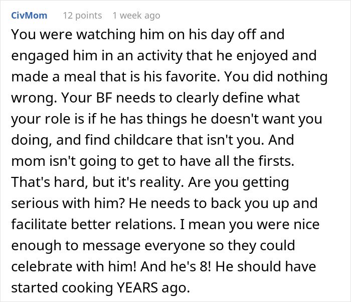 ALT text: Online comment discussing man upset after ex blew up on GF for bonding with their son and causing breakup.