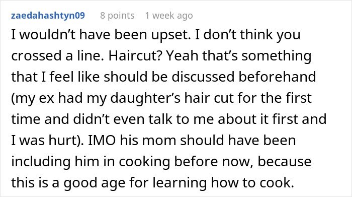 Screenshot of a Reddit comment discussing family issues related to bonding, upset feelings, and ex-partner conflicts.