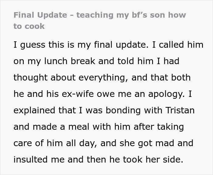 Text excerpt showing a man upset after his ex blew up on his girlfriend for bonding with their son.