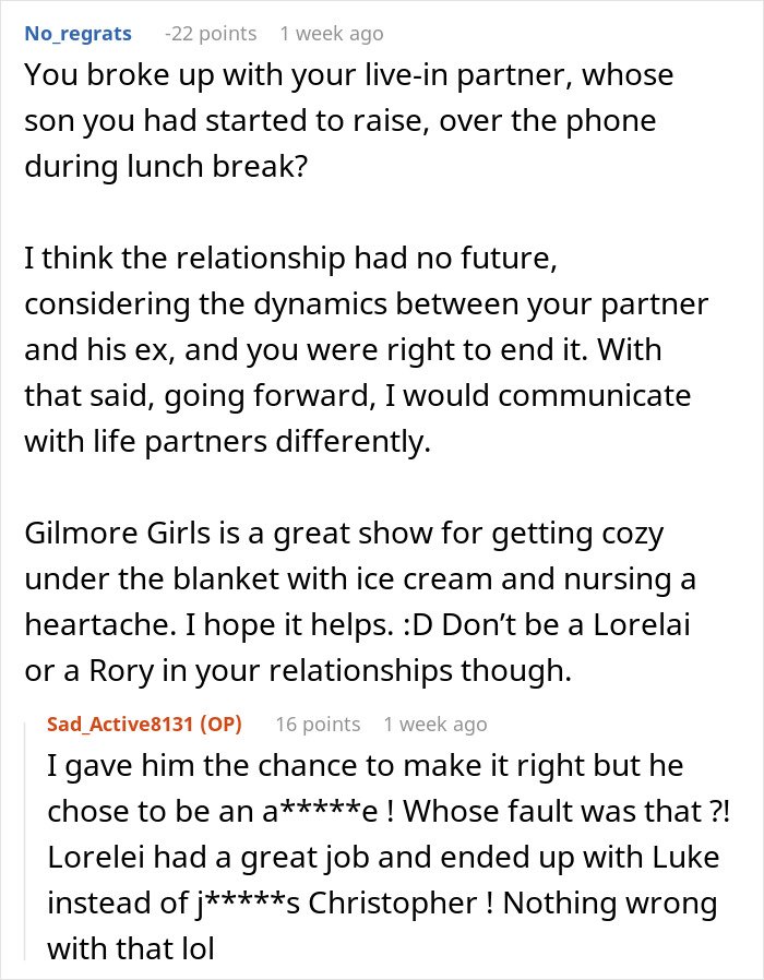 Text conversation showing advice on ending a relationship due to conflicts involving an ex and bonding with their son.