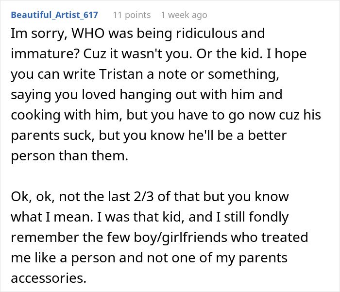 Comment about man upset after ex blew up on girlfriend for bonding with their son, causing upset and breakup.