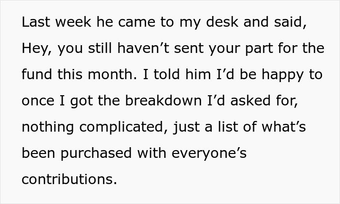 Text excerpt describing a woman refusing to pay her share until the shady fund manager provides a purchase breakdown.