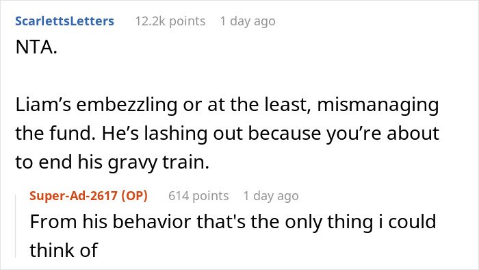 Screenshot of an online discussion about a shady fund manager refusing to show receipts and a woman refusing to pay more.