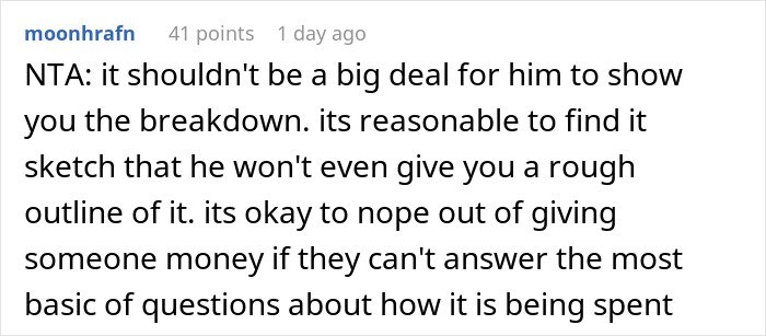 Text conversation discussing a shady fund manager refusing to show receipts, with a woman refusing to pay more.
