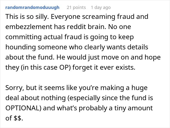 Comment discussing shady fund manager refusing to show receipts while woman refuses to pay more money.