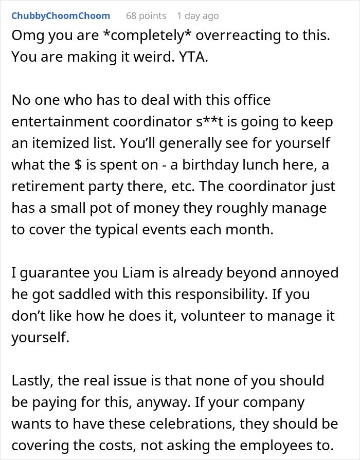 Reddit comment discussing shady fund manager and woman refusing to pay without receipts in office entertainment context.