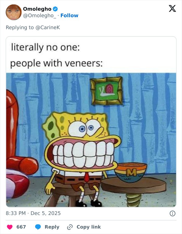 Cartoon character SpongeBob with an exaggerated smile showing large veneers, highlighting viral makeover and youthful glow.