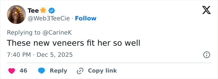 Screenshot of a social media comment praising Miley Cyrus’s new veneers and her youthful glow in a viral makeover discussion.