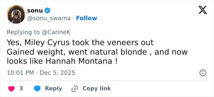 Social media post discussing Miley Cyrus’s viral makeover and her youthful glow after taking the veneers out.